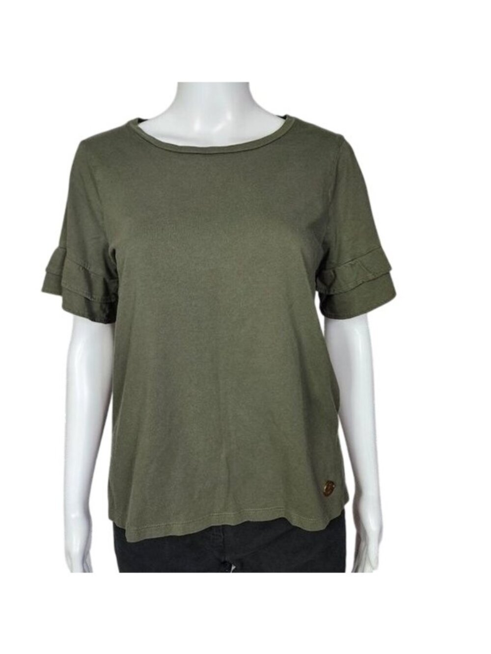 Michael Kors Olive Green Ruffle Sleeve Cotton Blend T-Shirt Size Medium